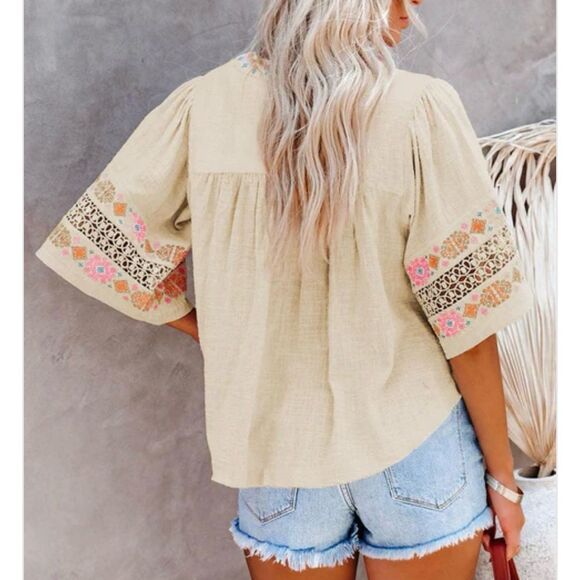Beige Tassel Drawstring Boho Chic Embroidered Half Sleeve V Neck Top Size M - Picture 4 of 15